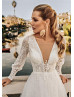 Bling Bling Long Sleeve Ivory Sequined Lace Tulle Boho Wedding Dress